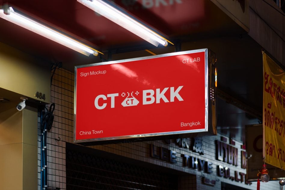 Red storefront sign with CT BKK branding mounted on tiled building wall with neon tubes